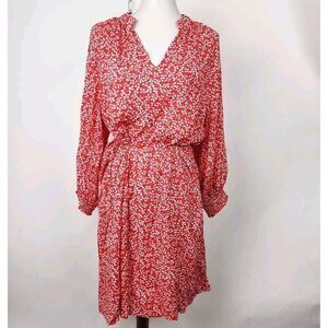 Draper James Long Sleeve Belted Red Floral 3/4 Sleeve V-Neck Dress Womens L